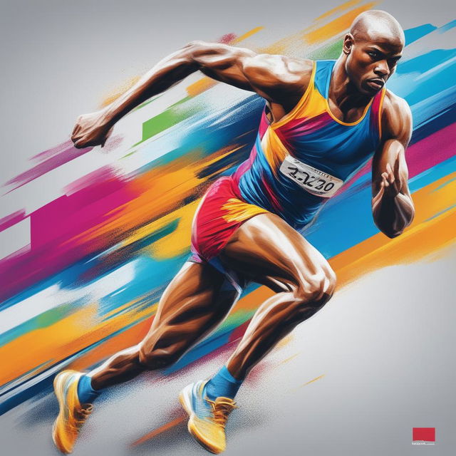 A high-quality digital art image depicting a sprinter in mid-stride, showcasing their power and speed