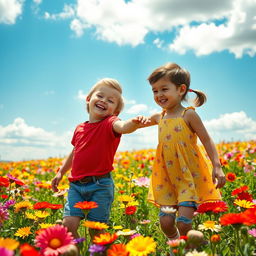 A beautiful scene depicting a boy and a girl laughing joyfully as they play in a vibrant flower field, surrounded by colorful flowers of all kinds, under a bright blue sky with fluffy white clouds