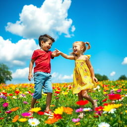 A beautiful scene depicting a boy and a girl laughing joyfully as they play in a vibrant flower field, surrounded by colorful flowers of all kinds, under a bright blue sky with fluffy white clouds