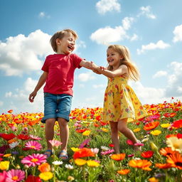 A beautiful scene depicting a boy and a girl laughing joyfully as they play in a vibrant flower field, surrounded by colorful flowers of all kinds, under a bright blue sky with fluffy white clouds