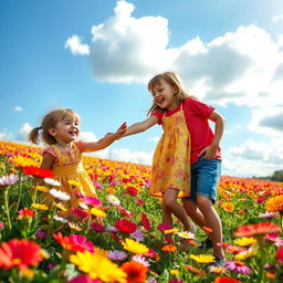 A beautiful scene depicting a boy and a girl laughing joyfully as they play in a vibrant flower field, surrounded by colorful flowers of all kinds, under a bright blue sky with fluffy white clouds