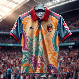 A detailed and vibrant depiction of a football jersey, showcasing a unique design with bold colors and intricate patterns