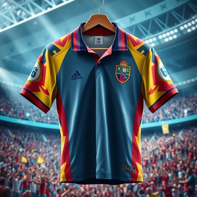 A detailed and vibrant depiction of a football jersey, showcasing a unique design with bold colors and intricate patterns