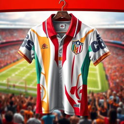 A detailed and vibrant depiction of a football jersey, showcasing a unique design with bold colors and intricate patterns