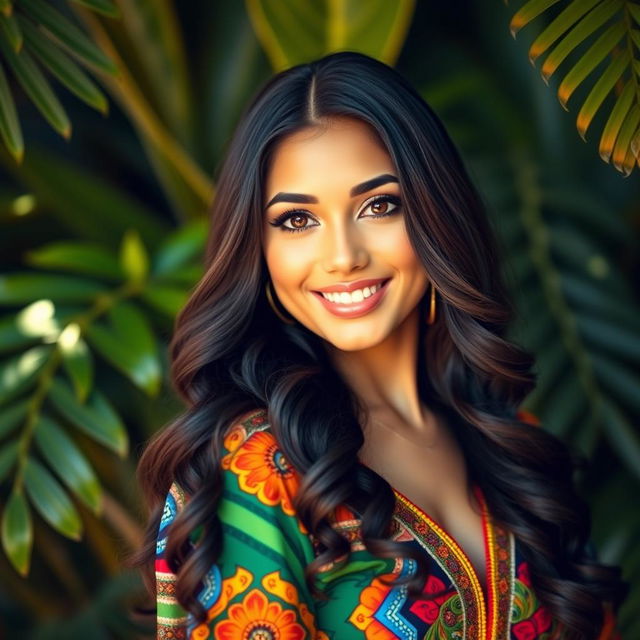 A portrait of a stunning Colombian woman with long, wavy dark hair and captivating brown eyes