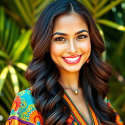 A portrait of a stunning Colombian woman with long, wavy dark hair and captivating brown eyes