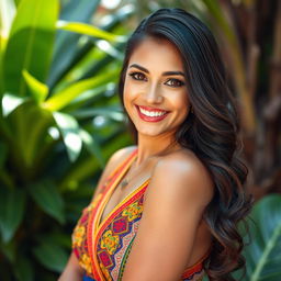A portrait of a stunning Colombian woman with long, wavy dark hair and captivating brown eyes