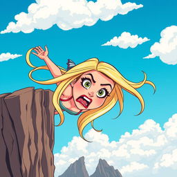 A beautiful blonde toon woman with striking green eyes and bright red lips, captured mid-fall from a cliff, her expression conveying a sense of fear and surprise