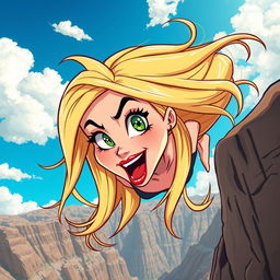 A beautiful blonde toon woman with striking green eyes and bright red lips, captured mid-fall from a cliff, her expression conveying a sense of fear and surprise