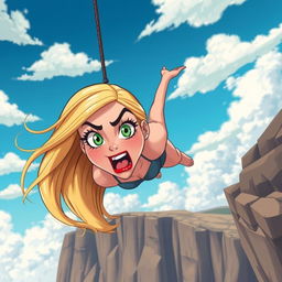 A beautiful blonde toon woman with striking green eyes and bright red lips, captured mid-fall from a cliff, her expression conveying a sense of fear and surprise