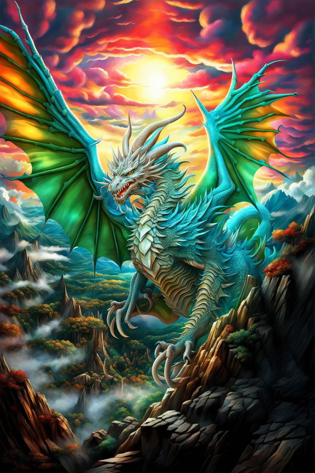 A high-quality digital art piece featuring a majestic dragon perched on a cliff with its wings spread