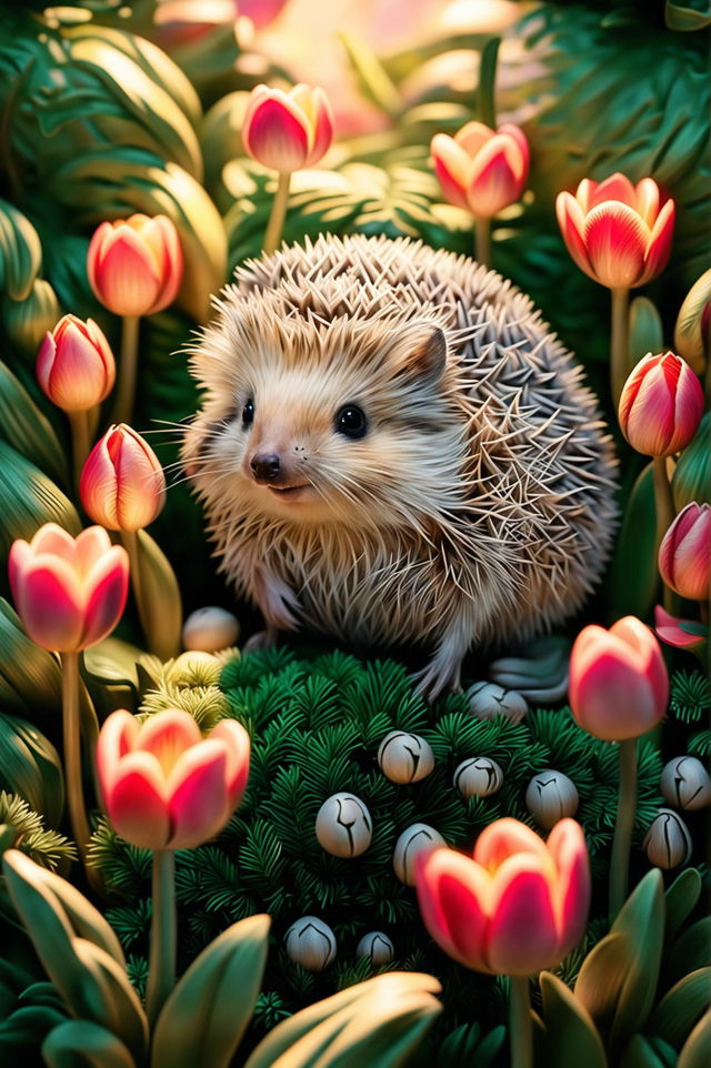 A high-quality digital art image featuring an adorable hedgehog in a whimsical forest setting with a large toadstool and a cluster of vibrant pink tulips