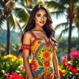 A full-body portrait of a gorgeous Colombian woman standing confidently