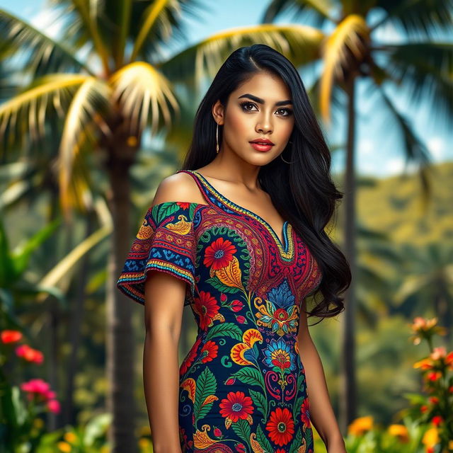 A full-body portrait of a gorgeous Colombian woman standing confidently