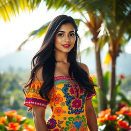 A full-body portrait of a gorgeous Colombian woman standing confidently