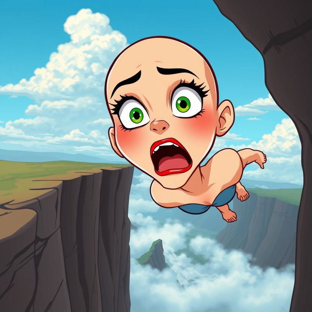 A beautiful bald cartoon woman with striking green eyes and vibrant red lips, expressing a scared emotion as she falls off a cliff