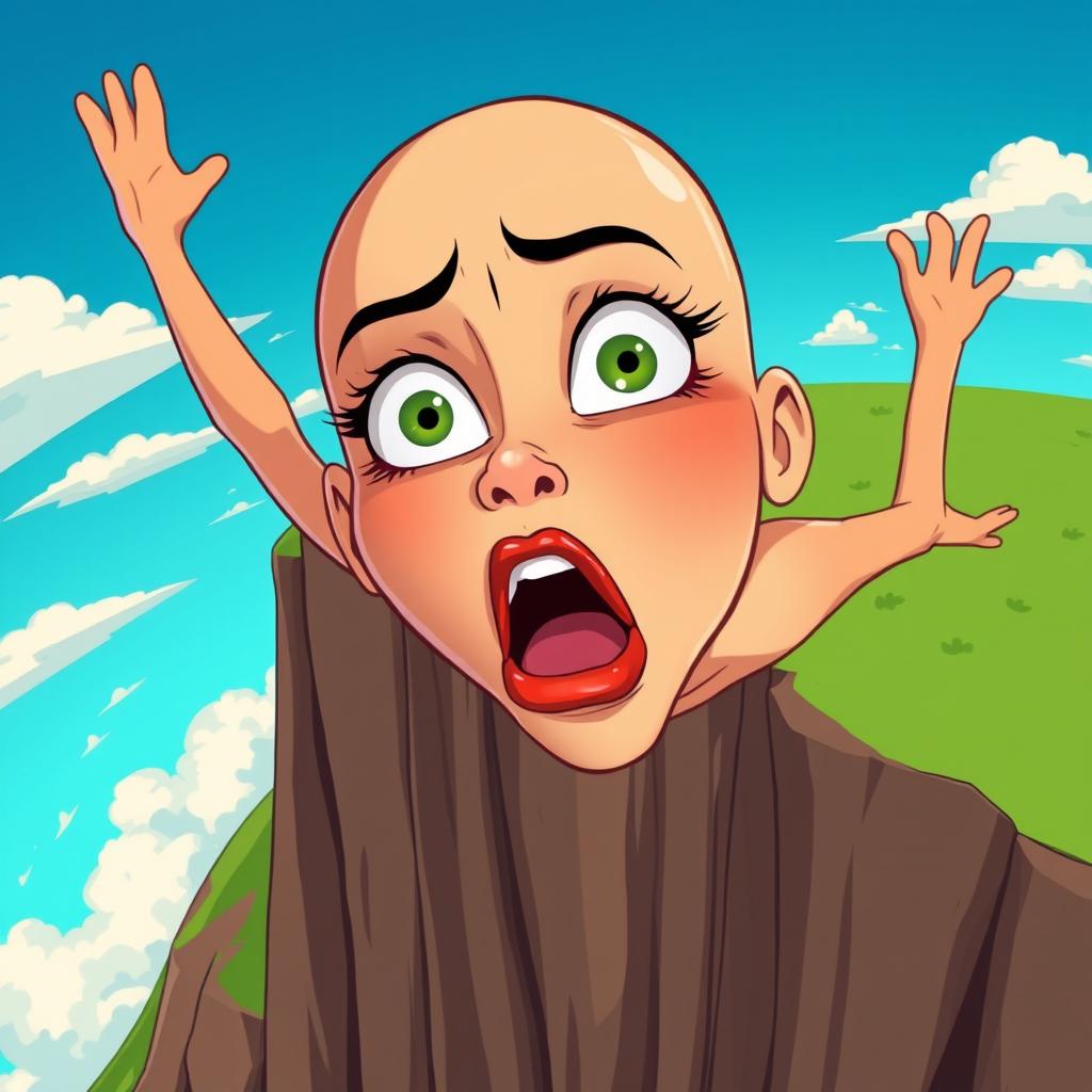 A beautiful bald cartoon woman with striking green eyes and vibrant red lips, expressing a scared emotion as she falls off a cliff