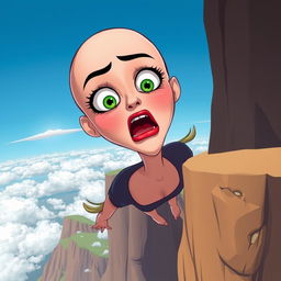 A beautiful bald cartoon woman with striking green eyes and vibrant red lips, expressing a scared emotion as she falls off a cliff