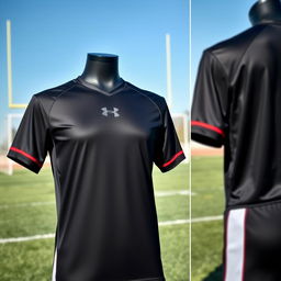 A sleek black football jersey designed for performance, featuring modern athletic cuts and breathable fabric