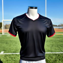 A sleek black football jersey designed for performance, featuring modern athletic cuts and breathable fabric