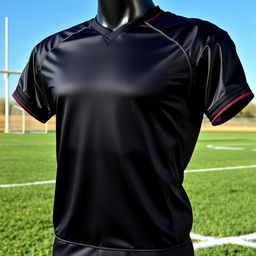 A sleek black football jersey designed for performance, featuring modern athletic cuts and breathable fabric