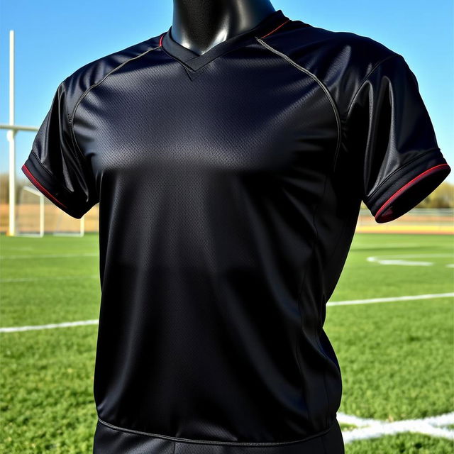 A sleek black football jersey designed for performance, featuring modern athletic cuts and breathable fabric