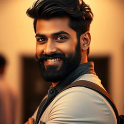 A striking portrait of a handsome Indian actor resembling Prabhas, featuring a well-groomed beard