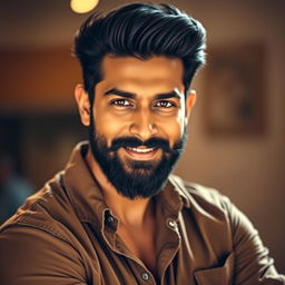 A striking portrait of a handsome Indian actor resembling Prabhas, featuring a well-groomed beard