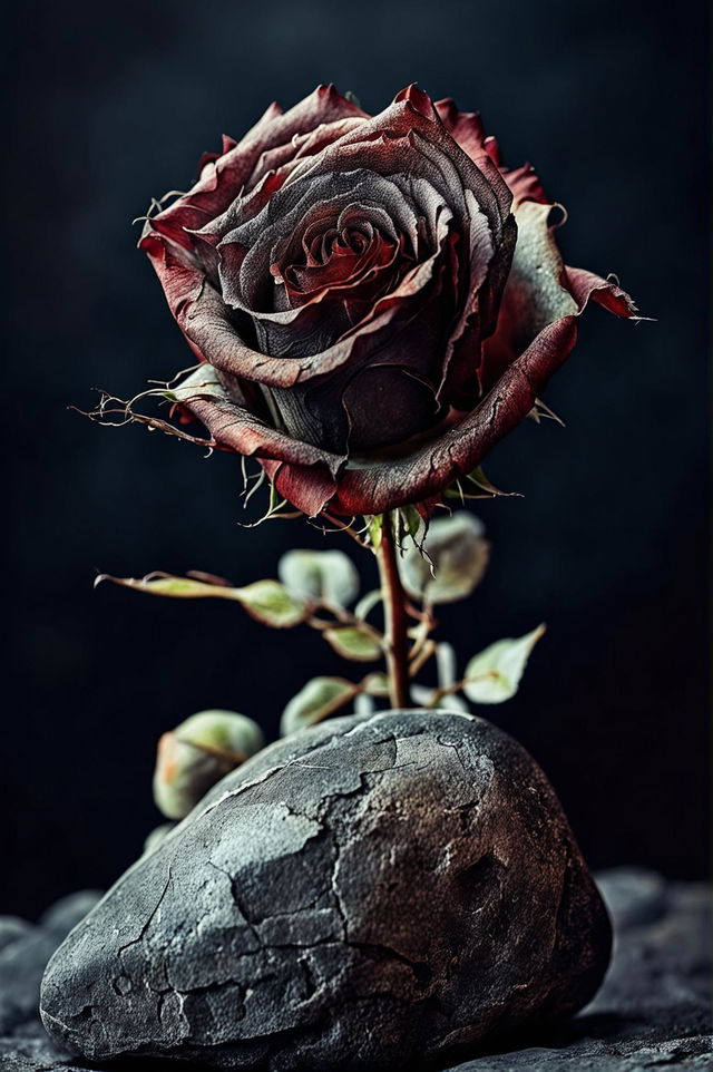 A high-quality digital art image depicting a wilting, almost black rose leaning against a rough, weathered stone