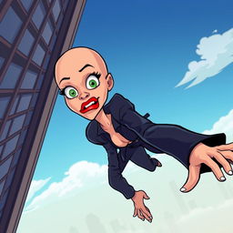A beautiful bald cartoon woman with striking green eyes and vibrant red lips is depicted in a dynamic scene, falling off a towering skyscraper