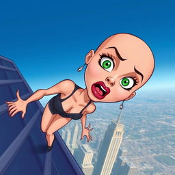 A beautiful bald cartoon woman with striking green eyes and vibrant red lips is depicted in a dynamic scene, falling off a towering skyscraper
