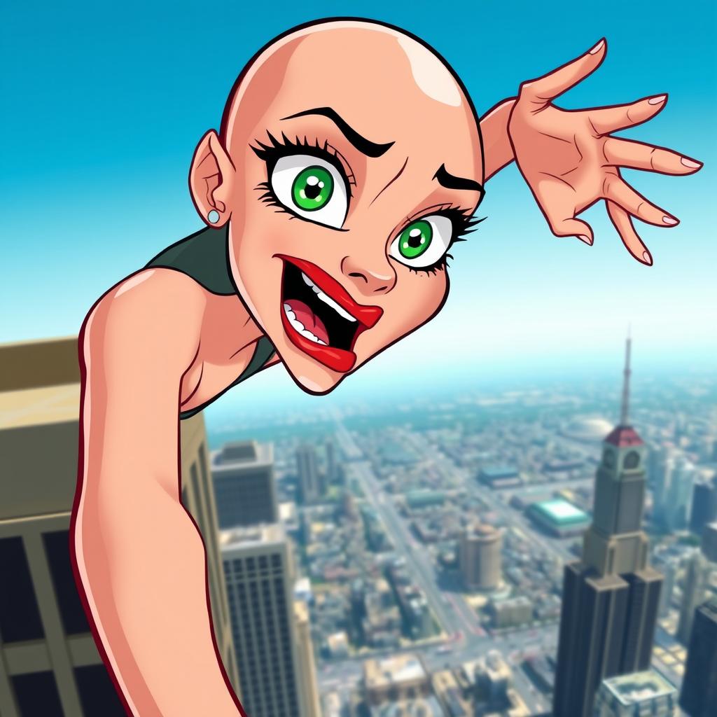 A beautiful bald cartoon woman with striking green eyes and vibrant red lips is depicted in a dynamic scene, falling off a towering skyscraper