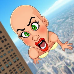 A beautiful bald cartoon woman with striking green eyes and vibrant red lips is depicted in a dynamic scene, falling off a towering skyscraper