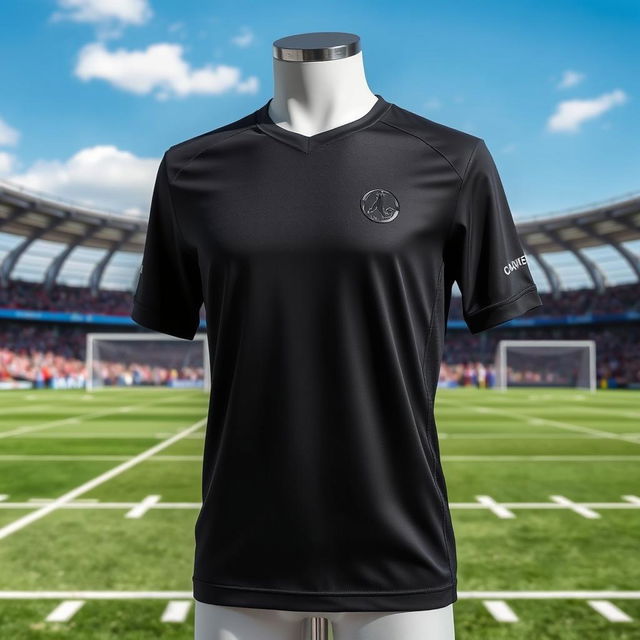 A stylish black football jersey designed for athletes, showcasing a streamlined silhouette with breathable, moisture-wicking fabric