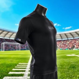 A stylish black football jersey designed for athletes, showcasing a streamlined silhouette with breathable, moisture-wicking fabric