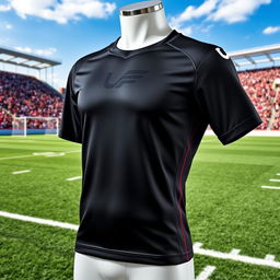 A stylish black football jersey designed for athletes, showcasing a streamlined silhouette with breathable, moisture-wicking fabric
