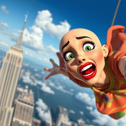 A beautiful bald cartoon woman with striking green eyes and vibrant red lips is falling off a skyscraper, expressing a scared emotion