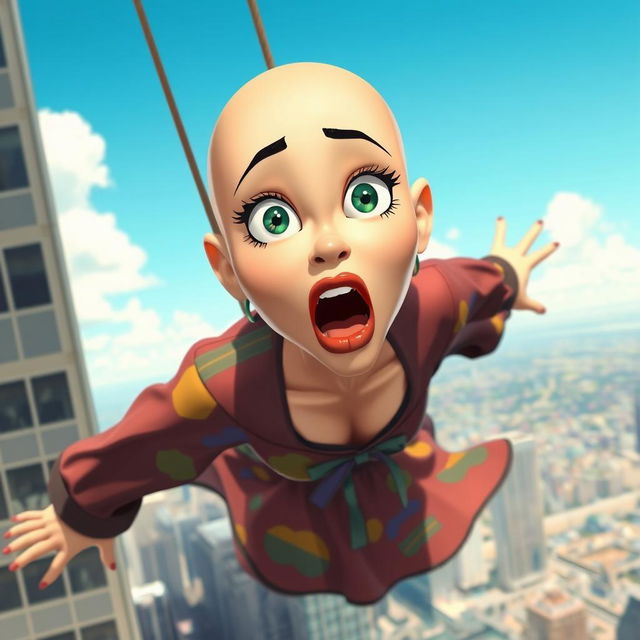 A beautiful bald cartoon woman with striking green eyes and vibrant red lips is falling off a skyscraper, expressing a scared emotion