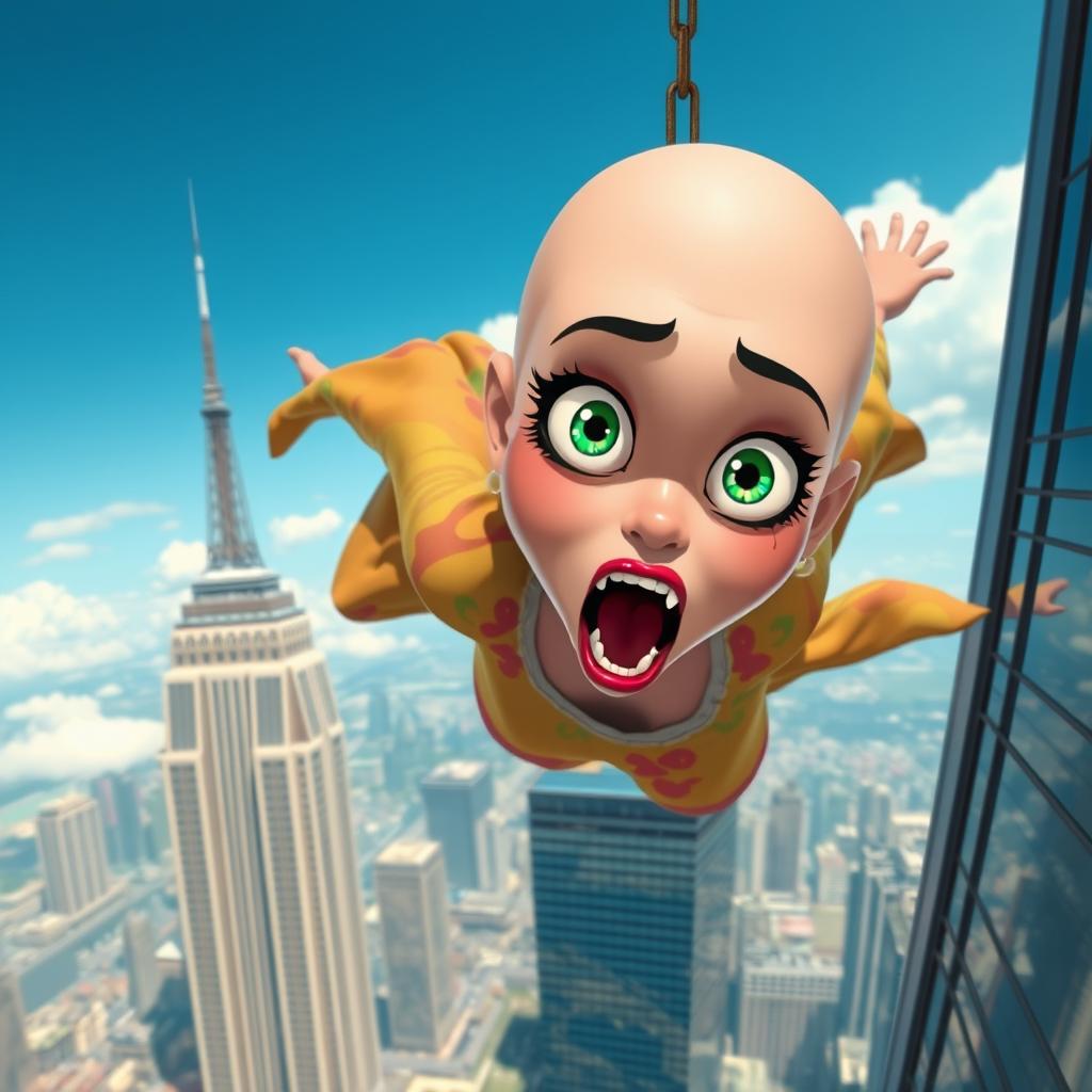 A beautiful bald cartoon woman with striking green eyes and vibrant red lips is falling off a skyscraper, expressing a scared emotion