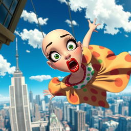 A beautiful bald cartoon woman with striking green eyes and vibrant red lips is falling off a skyscraper, expressing a scared emotion