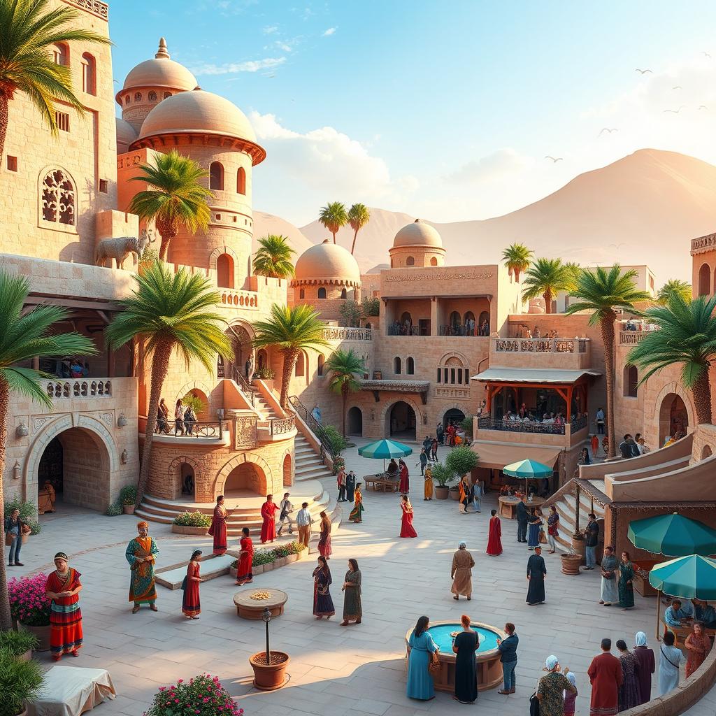 A vibrant, artistic representation of a cultural village in Marib, inspired by the Sabaean civilization