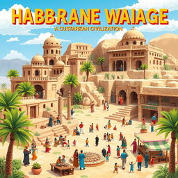 A vibrant, artistic representation of a cultural village in Marib, inspired by the Sabaean civilization