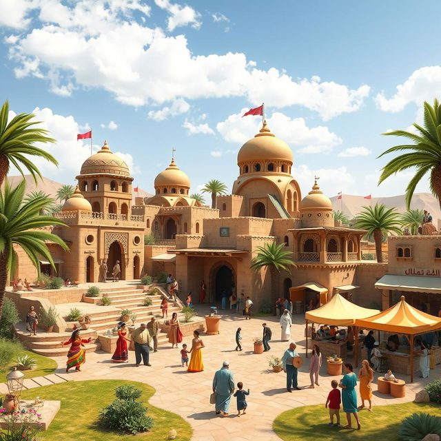 A vibrant, artistic representation of a cultural village in Marib, inspired by the Sabaean civilization