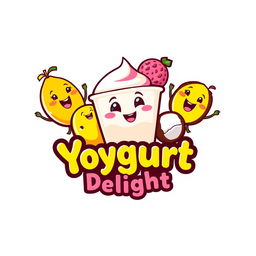 A vibrant and eye-catching logo for an exotic yogurt company featuring cartoon-style graphics