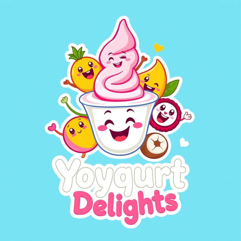 A vibrant and eye-catching logo for an exotic yogurt company featuring cartoon-style graphics