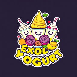 A vibrant and eye-catching logo for an exotic yogurt company, featuring a playful cartoon style