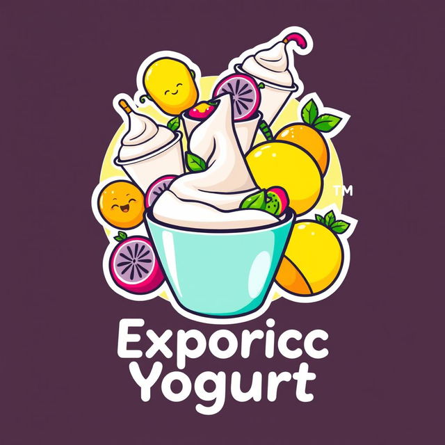 A vibrant and eye-catching logo for an exotic yogurt company, featuring a playful cartoon style