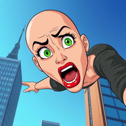 A beautiful bald cartoon woman with striking green eyes and vibrant red lips, depicting a look of fear as she falls off a skyscraper