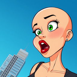 A beautiful bald cartoon woman with striking green eyes and vibrant red lips, depicting a look of fear as she falls off a skyscraper