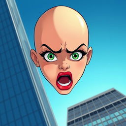 A beautiful bald cartoon woman with striking green eyes and vibrant red lips, depicting a look of fear as she falls off a skyscraper